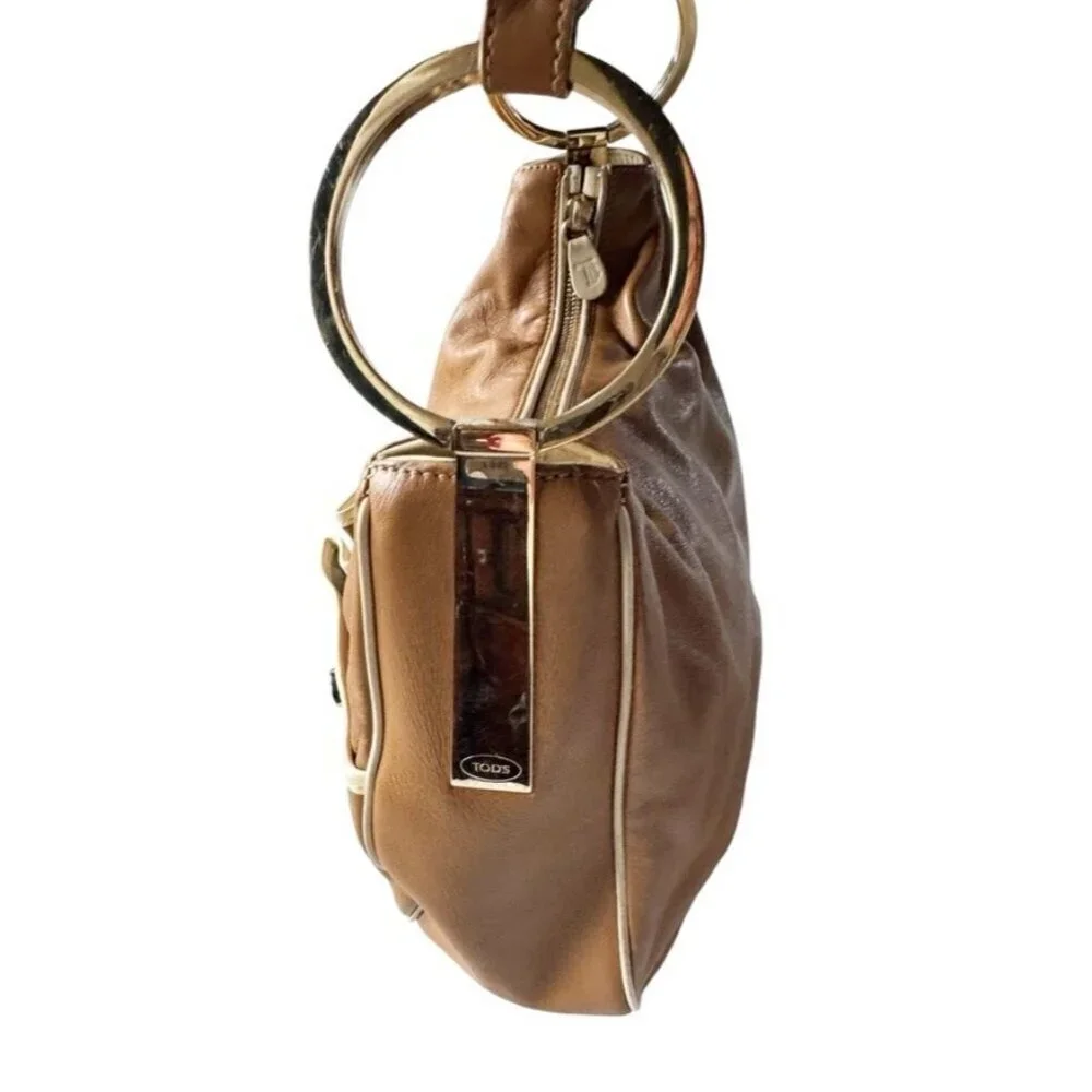 TOD'S Small Tan Leather Pocket Shoulder Hobo Bag Gold Rings Strap Made In Italy